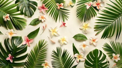 Poster - Creative nature layout made of tropical leaves and flowers Flat lay Summer concept : Generative AI