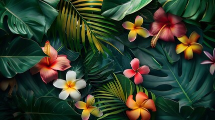 Poster - Creative nature layout made of tropical leaves and flowers Flat lay Summer concept : Generative AI
