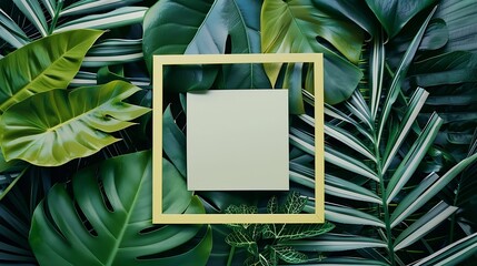 Poster - Square frame creative layout made of tropical leaves with paper card note Flat lay Nature concept Summer poster : Generative AI