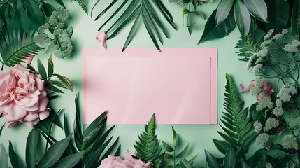 Poster - Creative layout made of flowers and leaves with paper card note Flat lay Nature concept : Generative AI