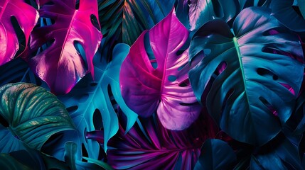 Wall Mural - Creative fluorescent color layout made of tropical leaves Flat lay neon colors Nature concept : Generative AI