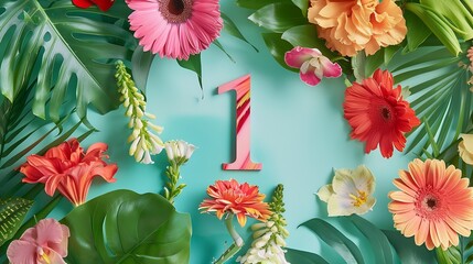 Poster - Creative layout with colorful flowers leaves and number one Anniversary conceptFlat lay : Generative AI