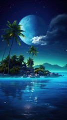 Wall Mural - Small tropical island with palm trees, calm ocean water, dark moonlit starry night sky