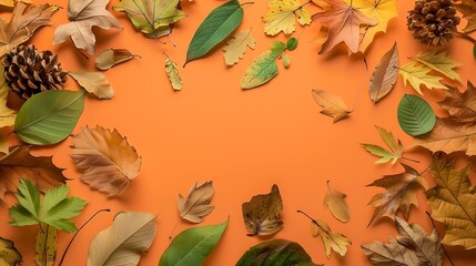 Poster - Frame of different dry leaves on an orange background flat flat top view copy space Autumn composition screensaver Creative layout of colorful autumn leaves Autumn season concept : Generative AI