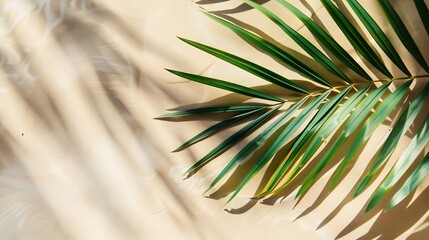 Aufkleber - Top view of green tropical leaf shadow on sand color background Flat lay Minimal summer concept with palm tree leaf Creative copyspace : Generative AI