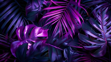 Aufkleber - Neon vibe floral background Purple dark palm tree leaves and shadows Futuristic closeup texture Creative fluorescent color layout made of tropical leaves Flat lay neon colors Nature co : Generative AI