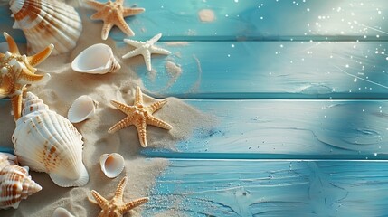 Poster - Summer time concept with sea shells and starfish on a blue wooden background and sand : Generative AI