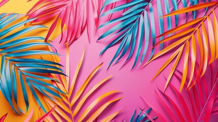 Canvas Print - Tropical bright colorful background with exotic painted tropical palm leaves Minimal fashion summer concept Flat lay : Generative AI