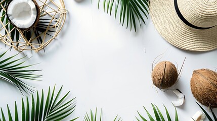 Poster - Summer composition Tropical palm leaves hat photo frame coconut on white background Summer concept Flat lay top view copy space : Generative AI
