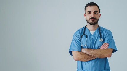 Wall Mural - Male nurse wearing blue uniform standing on white background 