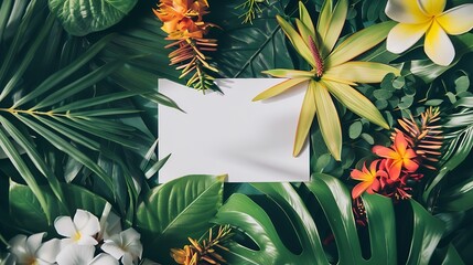 Poster - Creative nature layout made of tropical leaves and flowers With paper card note Flat lay Summer concept : Generative AI