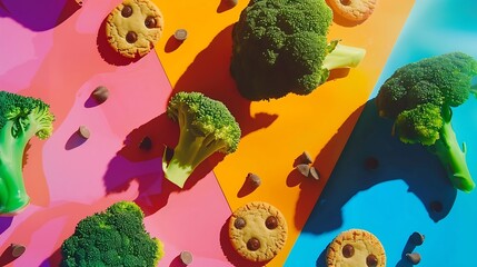 Aufkleber - In this board game 
broccoli beats chocolate chip cookies that means healthy food is better than junk food so win this game Creative flat lay concept : Generative AI