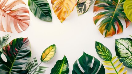 Poster - Creative layout made of colorful tropical leaves on white background Minimal summer exotic concept with copy space Border arrangement : Generative AI
