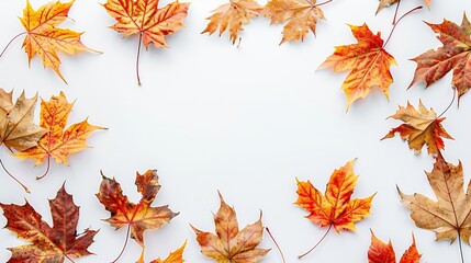 Poster - Autumn composition Frame made of autumn maple leaves on white background Flat lay top view copy space : Generative AI