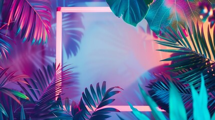 Poster - Creative fluorescent color layout made of tropical leaves with neon light square Flat lay Nature concept : Generative AI