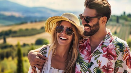 Sticker - Portrait of young cheerful couple wear sunglasses hat and floral hawaiian shirt enjoying summer holidays together at Tuscany Italy Lifestyle travel destination vacations concept : Generative AI