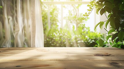 Poster - Empty of wood table top on blur of curtain window and abstract green from garden with sunlight For montage product display or design key visual layout : Generative AI