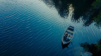 Aerial view of fishing boat with young woman and man in blue summer lake in Finland : Generative AI