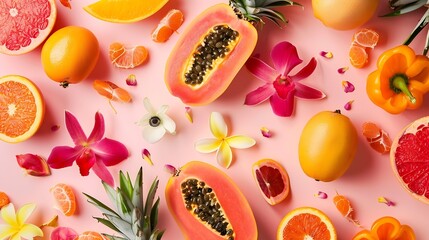 Aufkleber - creative layout made of papaya grapefruit pineapple orange mangosteen and flowers on pink background