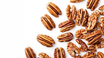 Poster - Pecans isolated on white background Nuts scattered Top view Horizontal layout  Package design element with clipping path : Generative AI