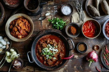 Sticker - Overhead view of a hearty stew in a pot surrounded by ingredients and spices on a rustic wood surface