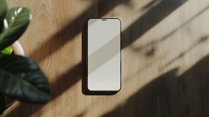 Poster - Blank screen mobile phone with copy space on wooden side table Flat lay top view Copy space mockup template : Generative AI