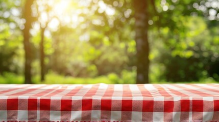Aufkleber - Food background Picnic table with tablecloth for food product display over blur green nature outdoor background Table top desk cover with white and red pattern clothing and blurred gar : Generative AI
