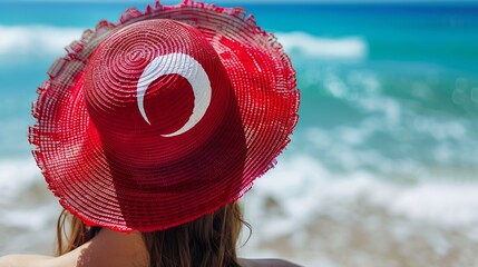 Wall Mural - A slender tanned girl on the beach in a straw hat in the colors of the flag of Turkey The concept of a perfect vacation in a resort in the Turkey Focus on the hat : Generative AI