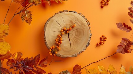 Poster - Wood podium saw cut of tree on orange background with  autumn rowan berries and leaves Top view  showcase product promotion sale presentation beauty cosmetic Minimal autumn composition : Generative AI