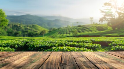 Canvas Print - Wooden table top on blur green tea mountain and grass fieldFresh and Relax conceptFor montage product display or design key visual layoutView of copy space : Generative AI