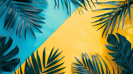 Poster - Creative layout made of colorful tropical leaves on yellow and blue background Minimal summer exotic concept with copy space Border arrangement : Generative AI