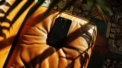 Aufkleber - Flatlay mobile phone on leather bench or chair with elegant soft sunlight shadows Flat lay top view Aesthetic copy space mockup template : Generative AI