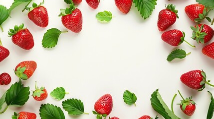 Aufkleber - Fresh strawberry fruits and leaves composition and creative border on white background Healthy eating and food concept Spring fruit and berry arrangement Top view flat lay copy space : Generative AI