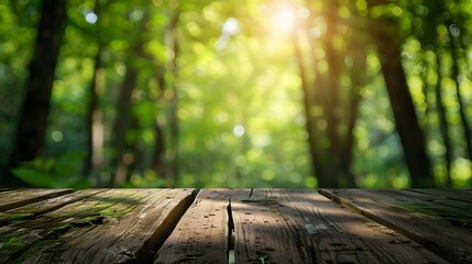 Poster - Wooden table top on blur green forestFresh and Relax or health care conceptperspective viewFor montage product display or design key visual layoutView of copy space : Generative AI