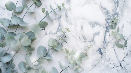 Poster - Watercolor eucalyptus branches on marble stone table top view Floral composition Flat lay top view copy space : Generative AI