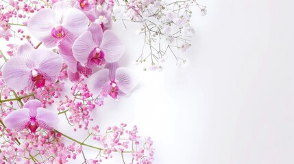 Poster - Orchid flowers and gypsophila bouquet creative layout Flower composition isolated on white background Holiday and happy mothers day concept Design element Flat lay top view : Generative AI
