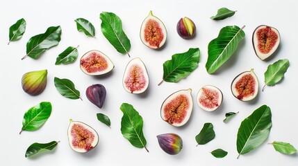 Aufkleber - Fig fruit creative layout isolated on white background Healthy eating and dieting food concept Tropical fruits and leaves composition Top view flat lay Design element : Generative AI