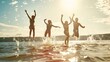 © Generative AI - Friends having fun enjoying a summer day swimming and jumping at the lake : Generative AI