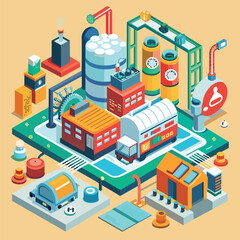 Poster - An illustration of a bustling factory filled with machinery and equipment for production, A clean and modern interpretation of a production facility's functions