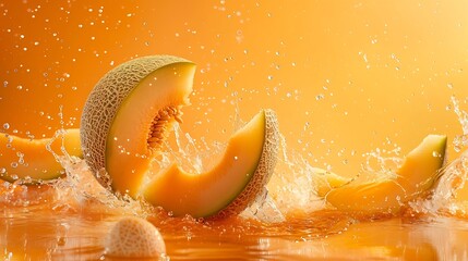 Poster - Creative layout made from whole and slice of orange japanese melons or cantaloupe melon and water Splashing on a orange background : Generative AI