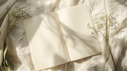 Aufkleber - Open notepad blank sheets and floral sunlight shadows on a neutral beige linen background mock up with copy space aesthetic writer blog design template : Generative AI