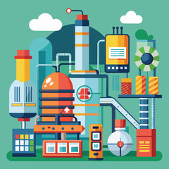 Poster - A factory bustling with activity, showcasing various industrial equipment and machinery in operation, A clean and modern interpretation of a production facility's functions