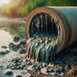 Concrete pipe with water flowing from the pipe into the river.