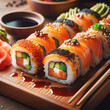 Sushi rolls with salmon, avocado, cucumber, cream cheese and sesame seeds on wooden board