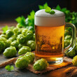 Glass of beer with hop cones and wheat ears on dark wooden background