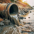 Drainage pipe in the river, closeup of photo.
