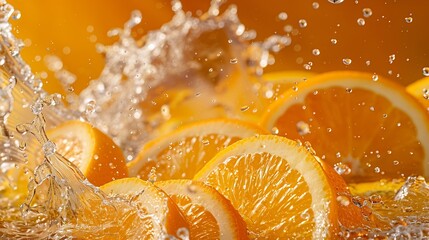 Poster - Creative layout made from Fresh Sliced oranges and Orange fruit and water Splashing on a orange background : Generative AI