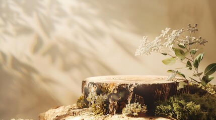 Fototapete - Composition of bark tree and moss on pastel background Abstract podium for organic cosmetic products Natural stand for presentation and exhibitions : Generative AI