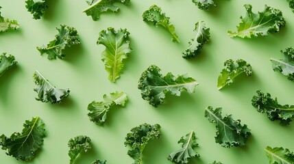 Aufkleber - Creative layout made of kale salad leaves spinach ruccola on green background Flat lay Food concept Macro concept : Generative AI