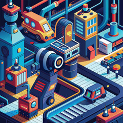 Poster - A computer screen shows a futuristic factory assembly line with a machine at its center, A futuristic interpretation of a factory's assembly line